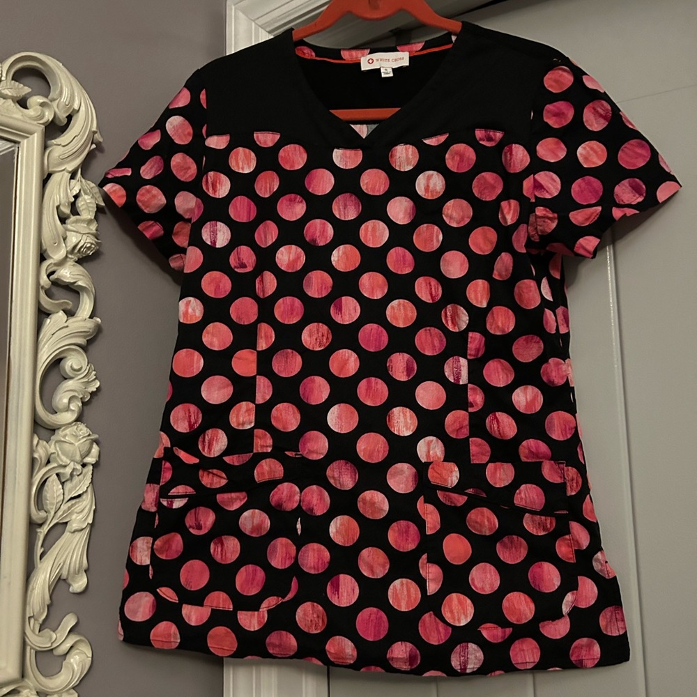 Pink Dot Black S Scrub Top, White Cross